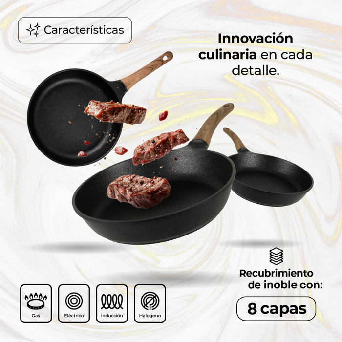 Juego De 3 Sartenes Con Recubrimiento de Inoble Antiadherente 22,24 y 28cm