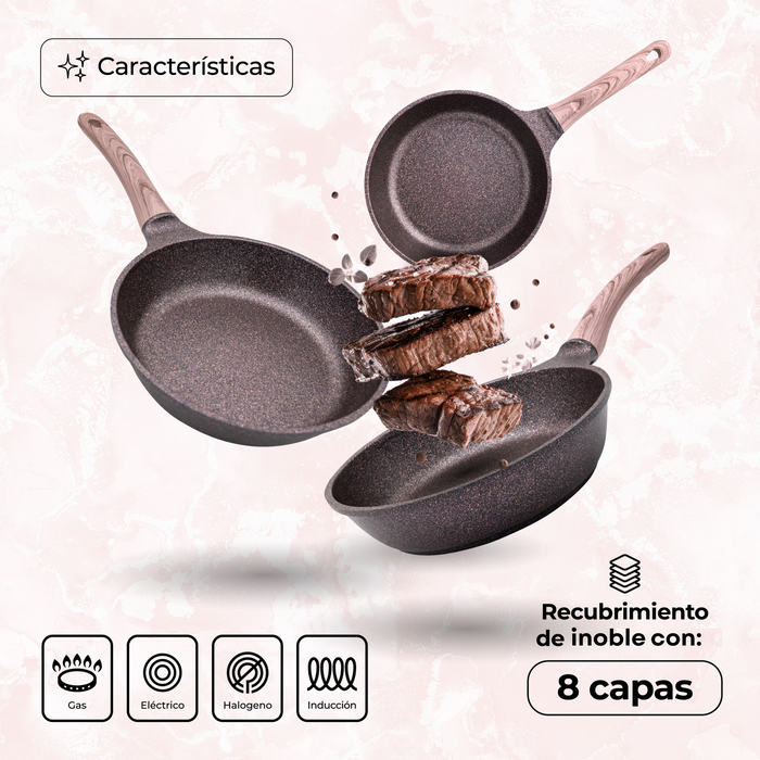 Juego De 3 Sartenes Con Recubrimiento de Inoble Antiadherente 22,24 y 28cm