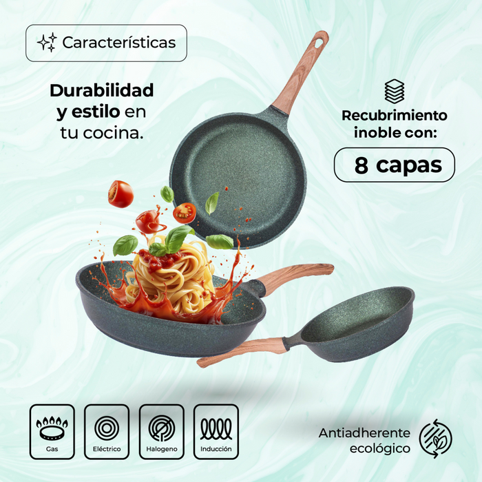 Juego De 3 Sartenes Con Recubrimiento de Inoble Antiadherente 22,24 y 28cm