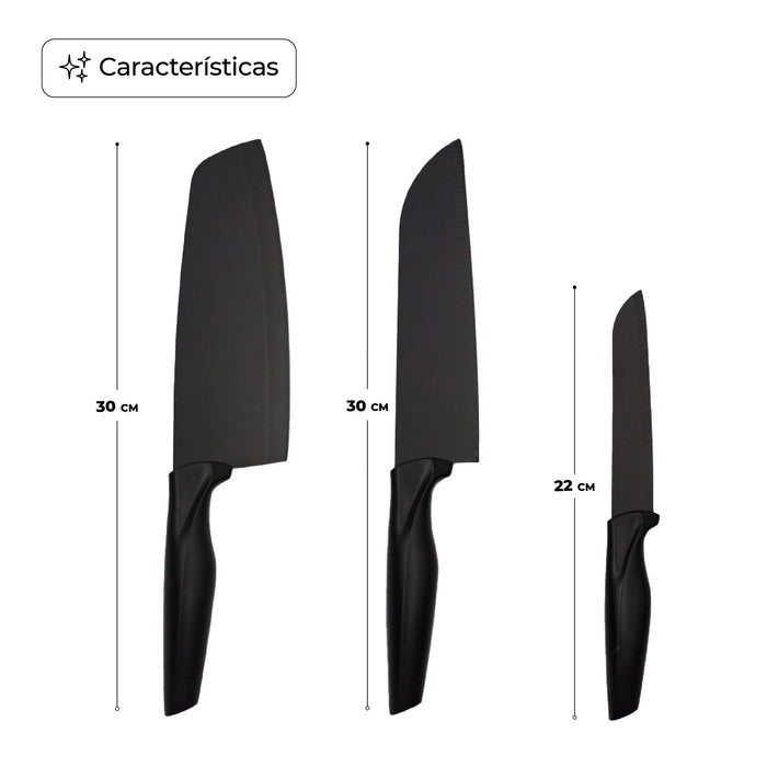 Juego De Cuchillos De Cocina 3 Piezas Diseño Minimalista Negro