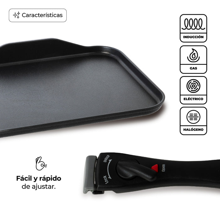 Sartén Comal Rectangular Multiusos Con Mango Desmontable