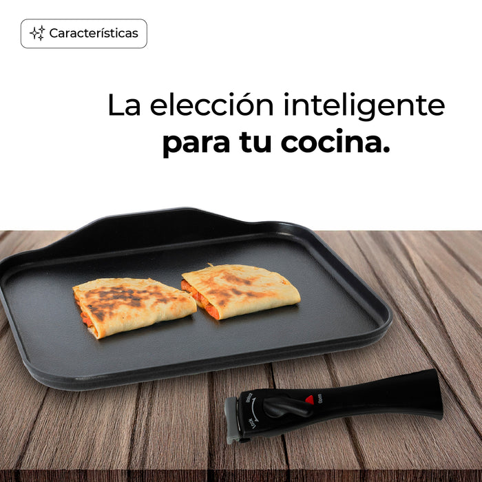 Sartén Comal Rectangular Multiusos Con Mango Desmontable