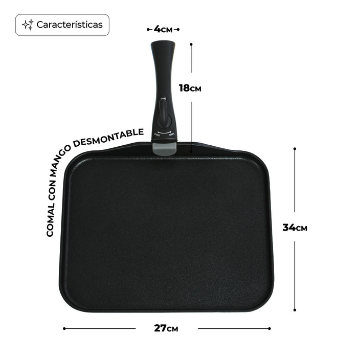Sartén Comal Rectangular Multiusos Con Mango Desmontable