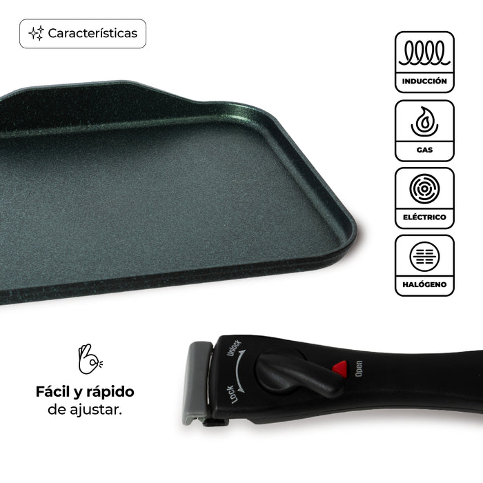 Sartén Comal Rectangular Multiusos Con Mango Desmontable