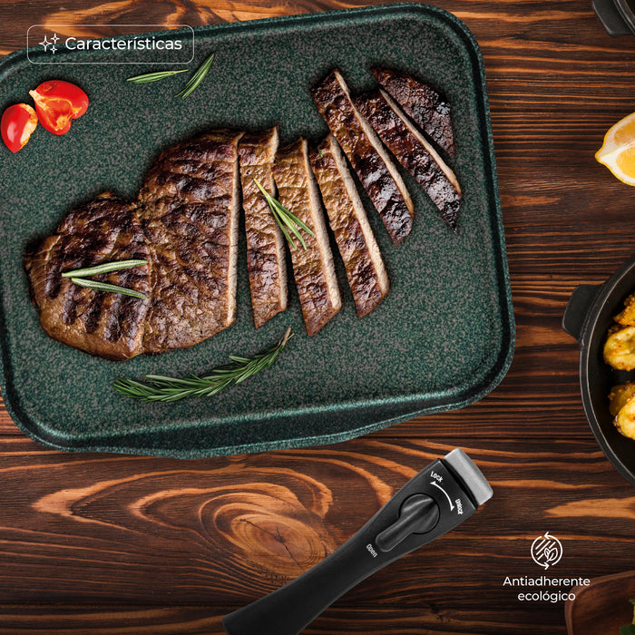 Sartén Comal Rectangular Multiusos Con Mango Desmontable
