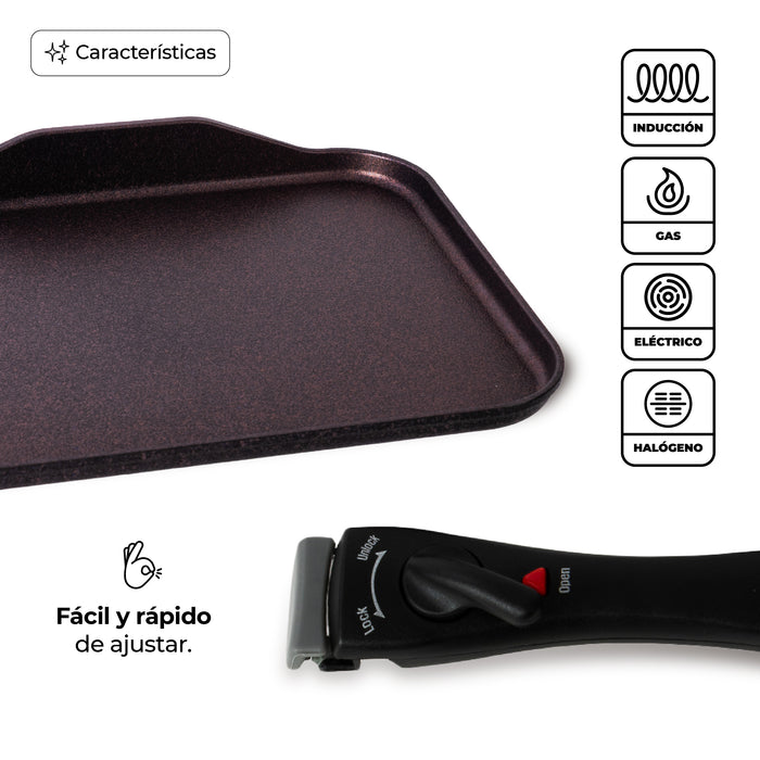 Sartén Comal Rectangular Multiusos Con Mango Desmontable