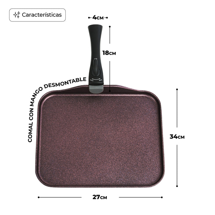 Sartén Comal Rectangular Multiusos Con Mango Desmontable