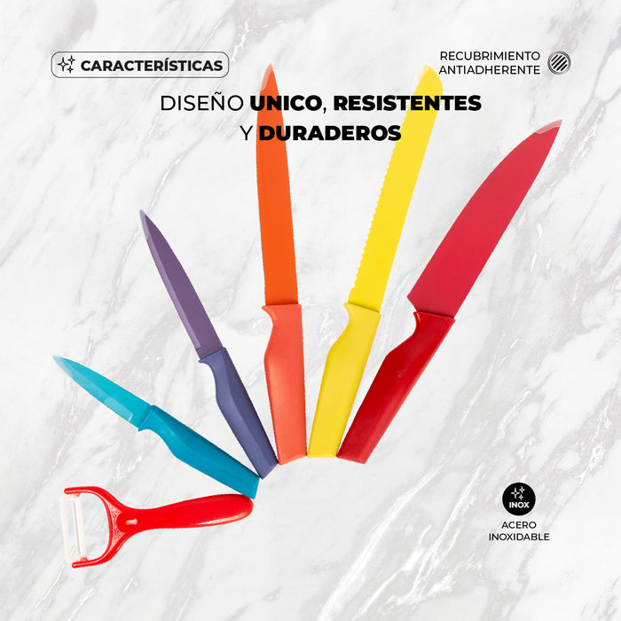 Juego 5 Cuchillos Y Pelador Acero Inoxidable Antiadherente