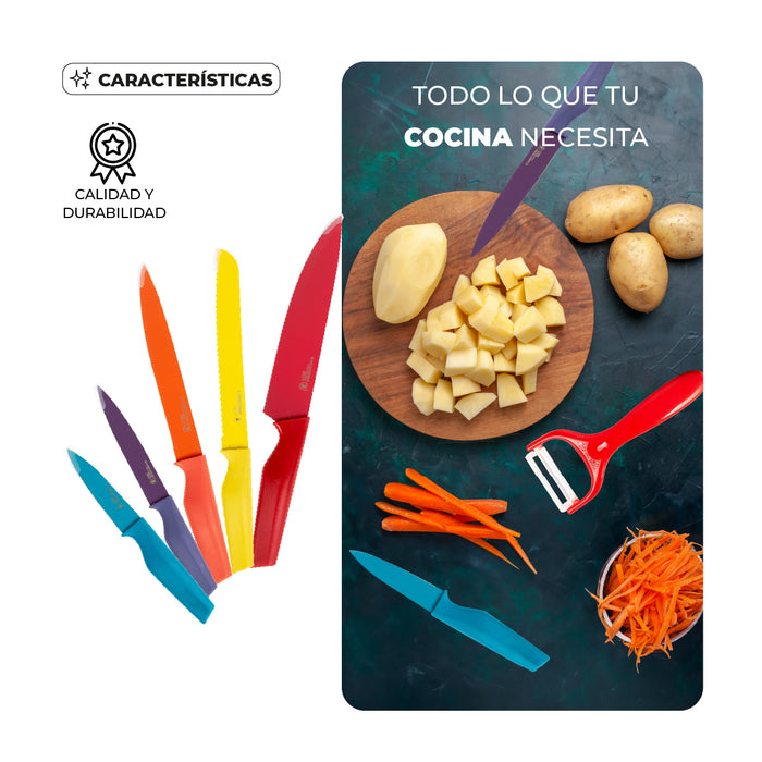 Juego 5 Cuchillos Y Pelador Acero Inoxidable Antiadherente