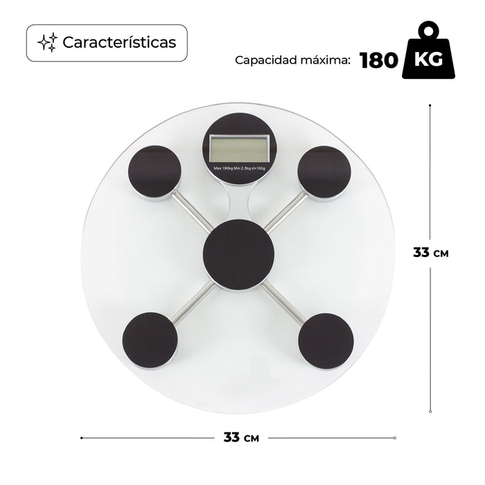 Báscula Personal Digital De Vidrio Templado Circular capacidad de 180 Kg