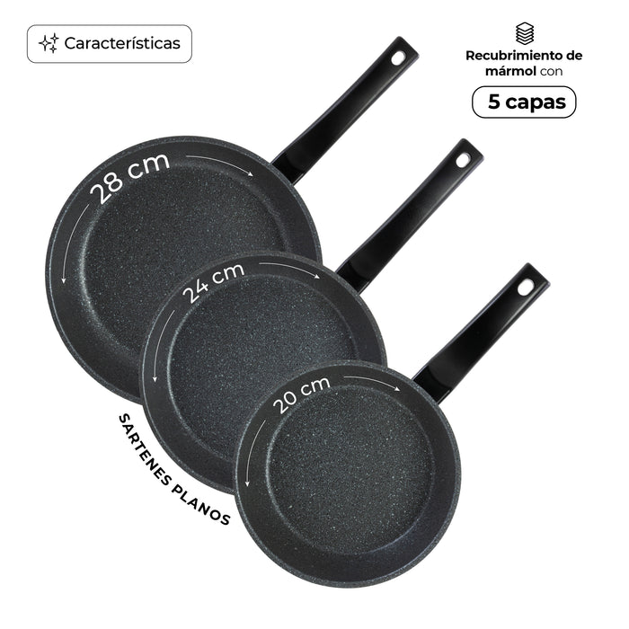 Queen Sense Juego de Sartenes Seoul 3 Pzs - Antiadherente Mármol Gris Estelar
