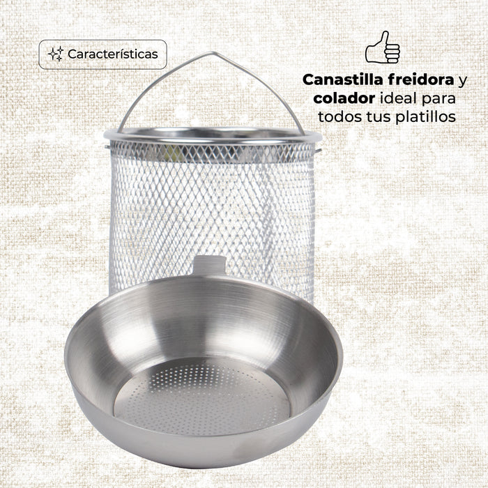 Set Freidora Acero Inoxidable 4pzs 2l Cesto Colador Multiuso