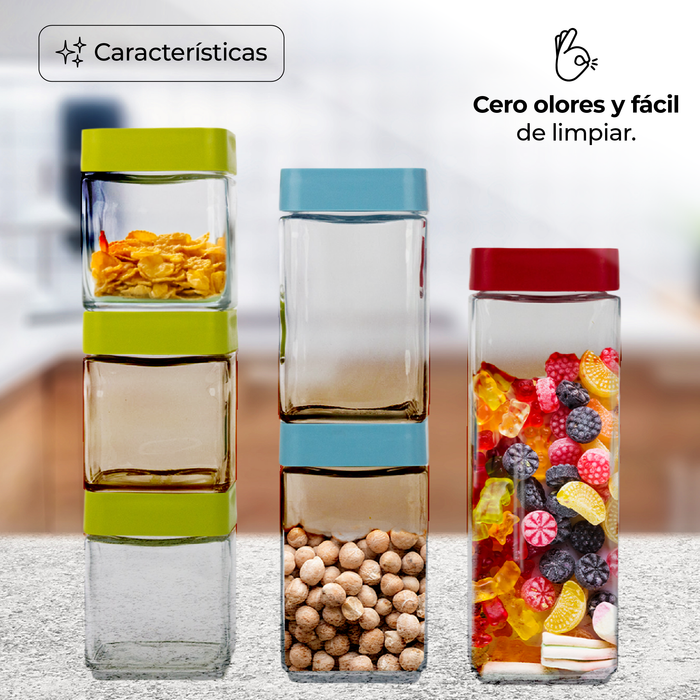 Set De 6 Contenedores Apilables De Vidrio Para Alimentos