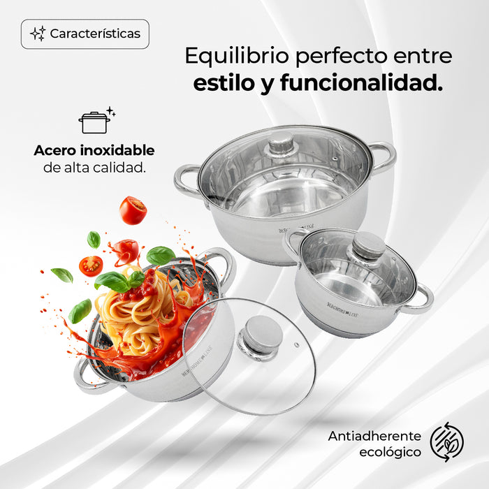 Set 3 Cacerolas de Acero Inoxidable Con Tapas