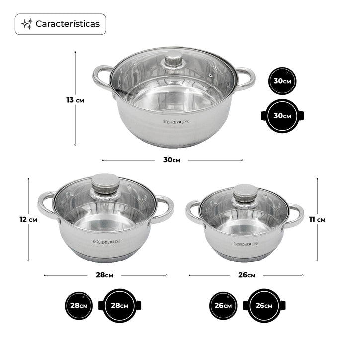 Set 3 Ollas Con Tapa Acero Inoxidable Antiadherente