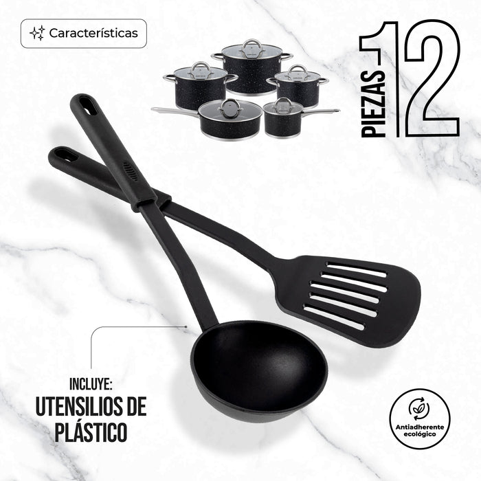 Batería De Cocina Queen Sense 12 Pzs Acero Inoxidable Inducción Negra