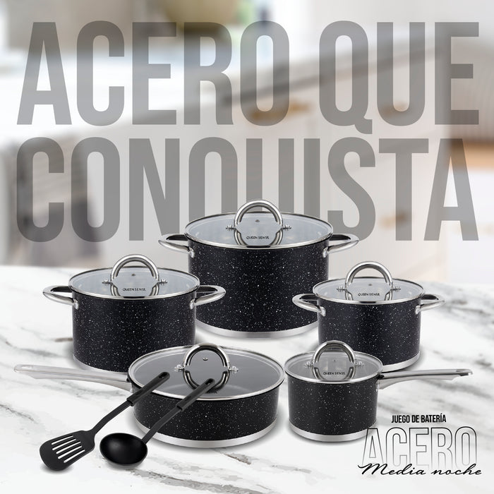 Batería De Cocina Queen Sense 12 Pzs Acero Inoxidable Inducción Negra
