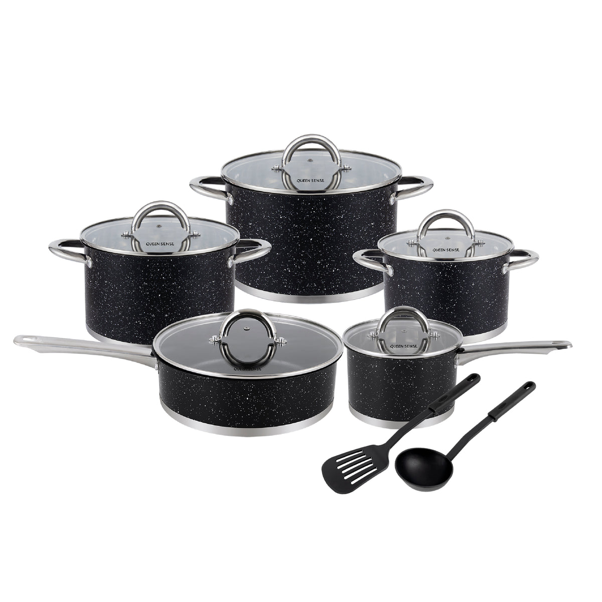 Batería De Cocina Queen Sense 12 Pzs Acero Inoxidable Inducción Negra