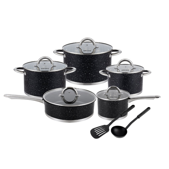 Batería De Cocina Queen Sense 12 Pzs Acero Inoxidable Inducción Negra