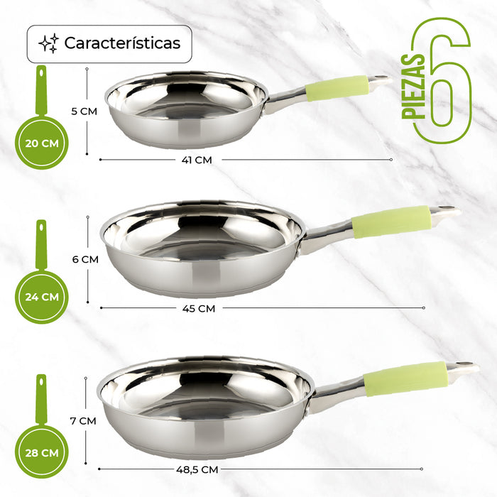 Juego de Sartenes de Acero Inoxidable 6 Piezas con Tapas de Vidrio - Queen Sense