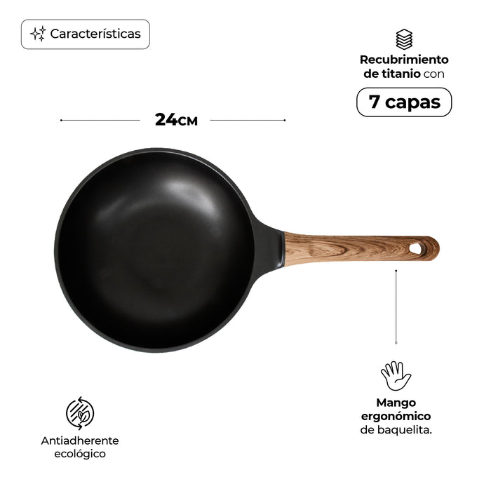 Wok Sartén Antiadherente Titanio Inducción 24cm Azul