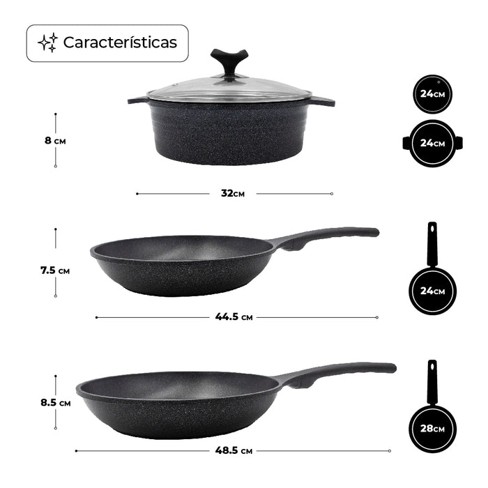 Batería De Cocina Queen Sense Marmol Basic 4 Piezas