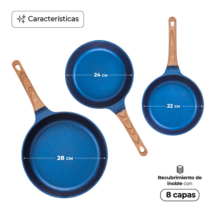 Juego De 3 Sartenes Con Recubrimiento de Inoble Antiadherente 22,24 y 28cm