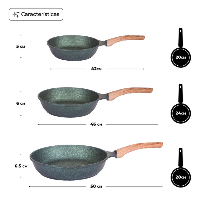 Juego De 3 Sartenes Con Recubrimiento de Inoble Antiadherente 22,24 y 28cm