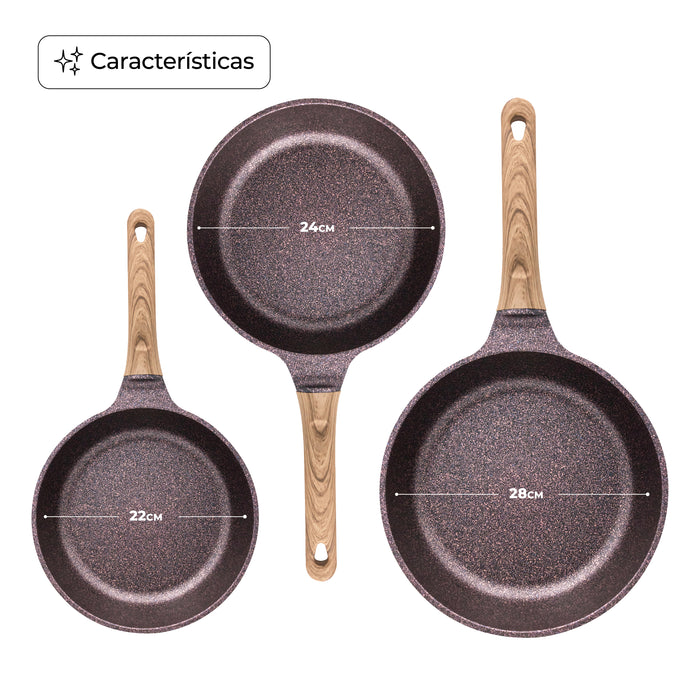 Juego De 3 Sartenes Con Recubrimiento de Inoble Antiadherente 22,24 y 28cm