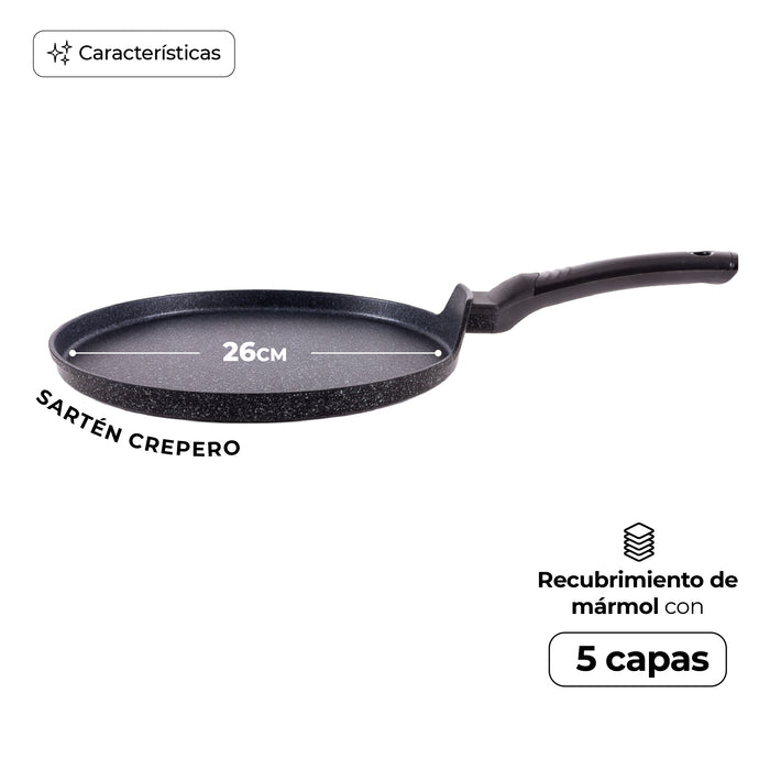 Sartén Crepera Comal Antiadherente Mármol 26cm Negro