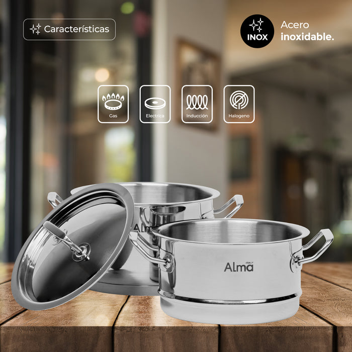 Set Mini Ollas Acero Inoxidable Doble Alma Vaporera 12CM