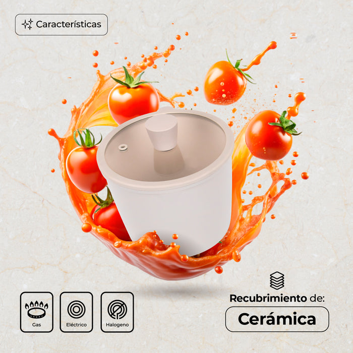 Olla Posillo De Cerámica Antiadherente Rosa Con Tapa 16 Cm