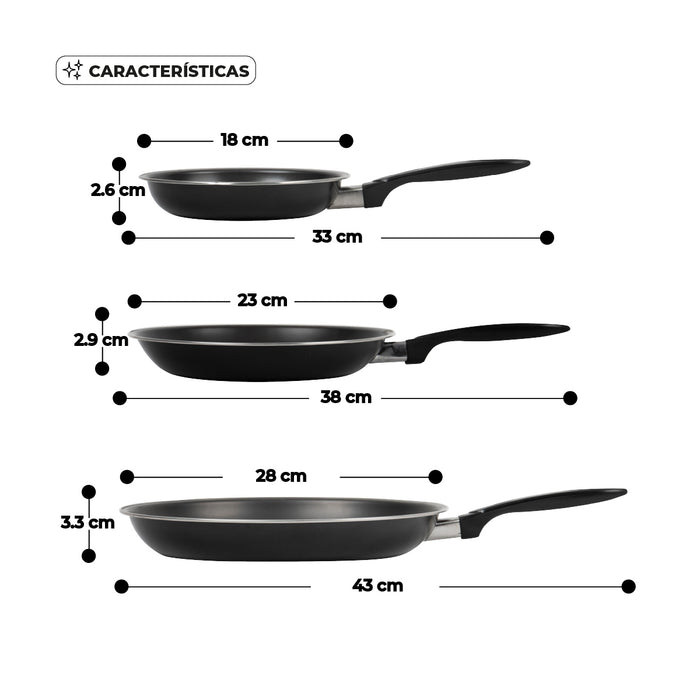 Set 3 Sartenes Antiadherentes De Carbón 18, 23 Y 28cm