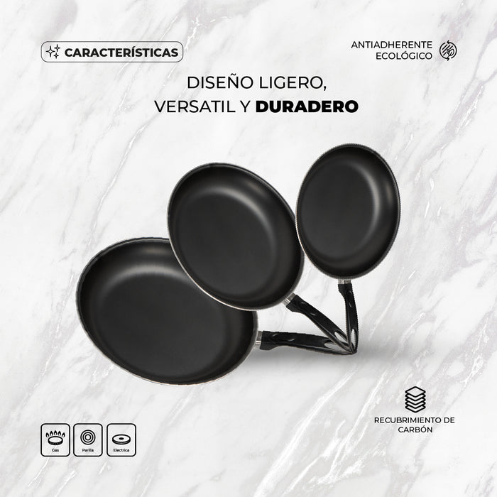 Set 3 Sartenes Antiadherentes De Carbón 18, 23 Y 28cm