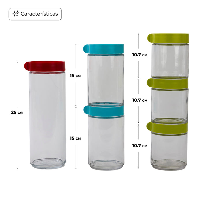 Set De 6 Contenedores Apilables De Vidrio Para Alimentos