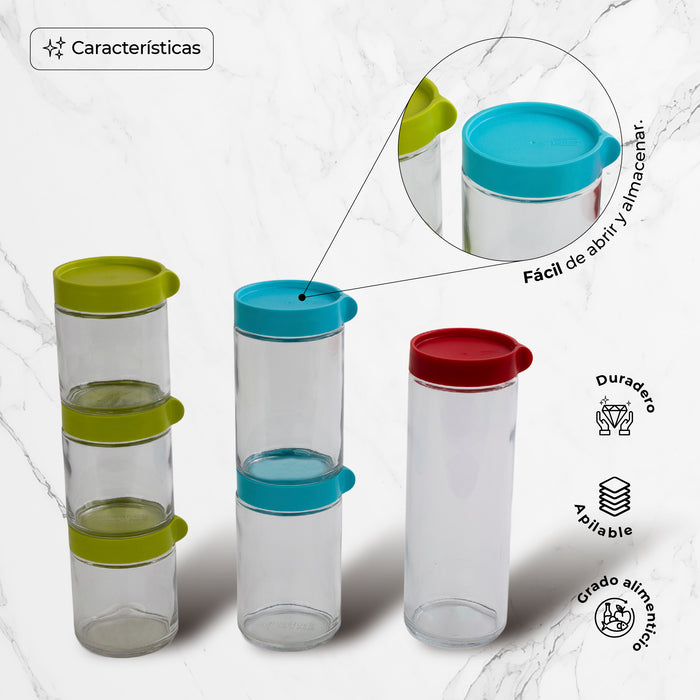 Set De 6 Contenedores Apilables De Vidrio Para Alimentos