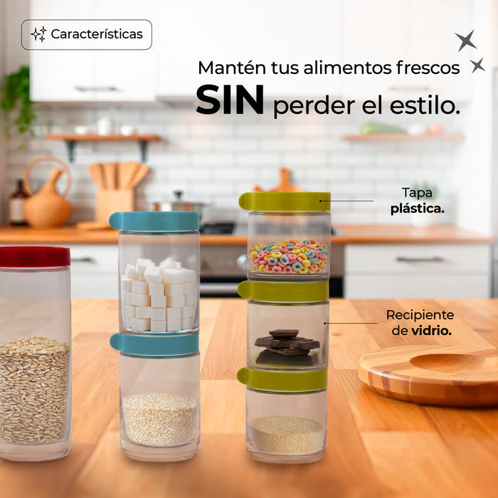 Set De 6 Contenedores Apilables De Vidrio Para Alimentos
