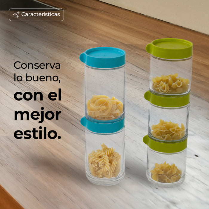 Set De 6 Contenedores Apilables De Vidrio Para Alimentos
